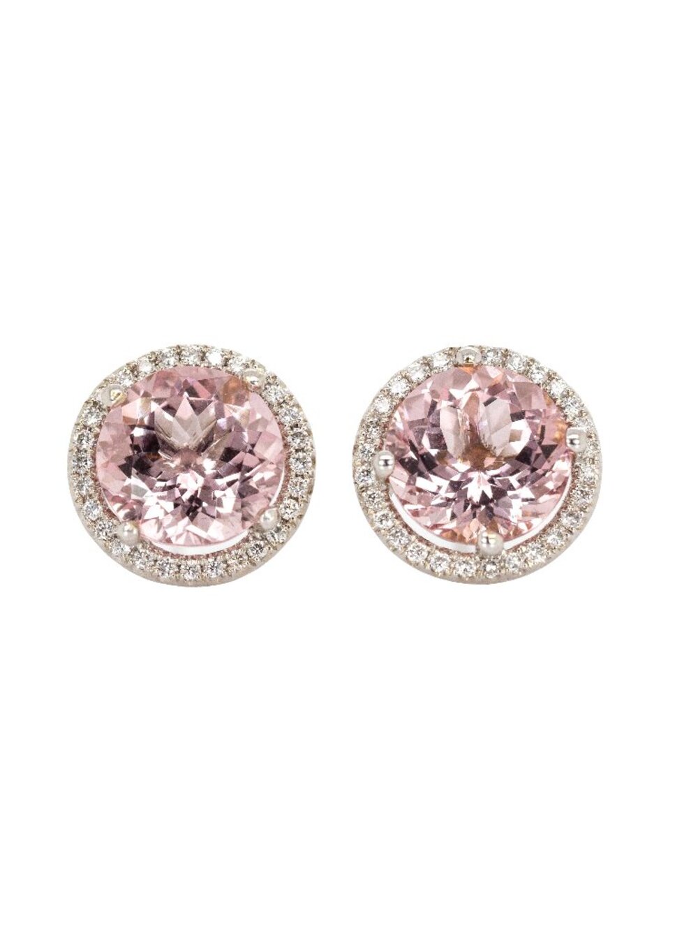 Round Morganite & Natural Diamond Halo Stud Earrings in Solid 14K White Gold